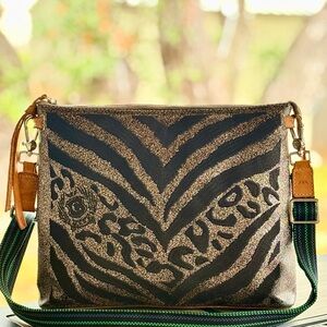 Consuela Black and Gold Metallic Animal-Print Crossbody with Green-Striped Strap